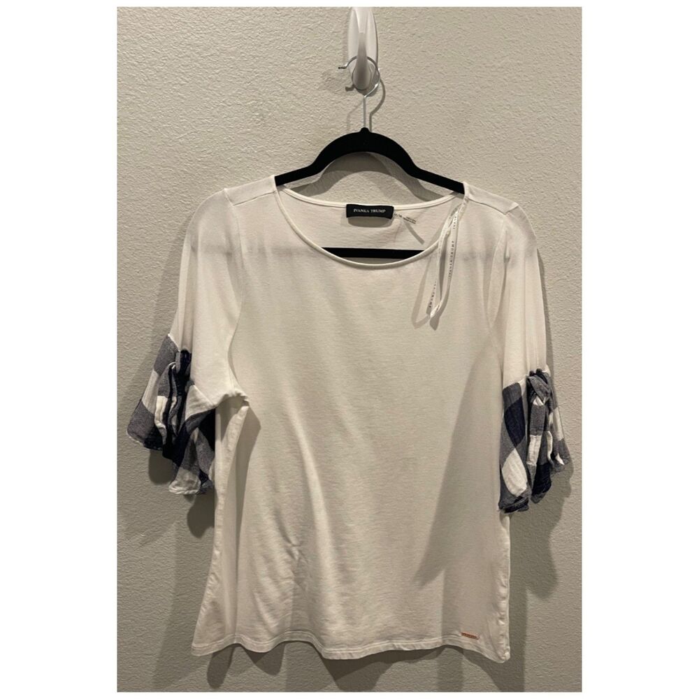 IVANKA TRUMP White Round Neck Plait Short Sleeve Blouse
